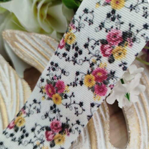Fita Gorgurão 38mm Estampa Florzinhas Miúdas tons Rosinha e Amarelo