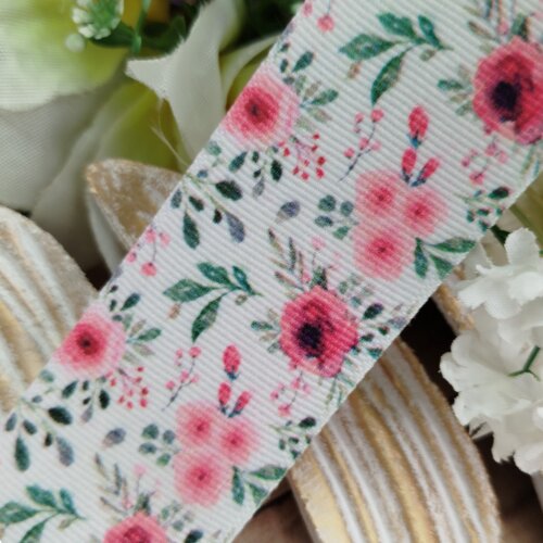 Fita Gorgurão 38mm No 09 Estampa Floral Aquarela Tons Rosa e Pink