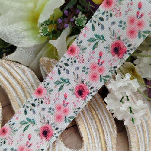 Fita Gorgurão 38mm No 09 Estampa Floral Aquarela Tons Rosa e Pin