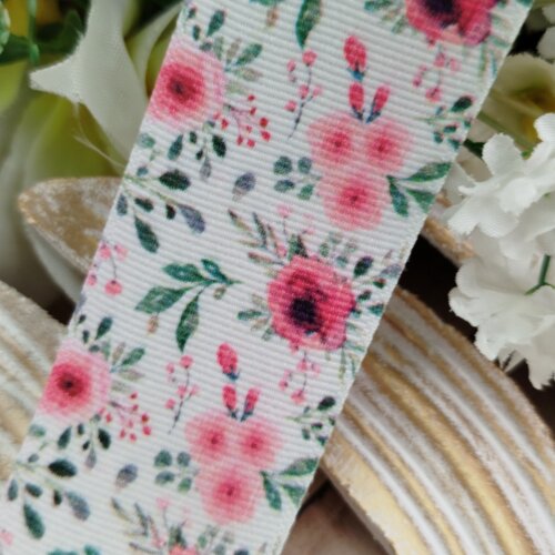 Fita Gorgurão 38mm No 09 Estampa Floral Aquarela Tons Rosa e Pin