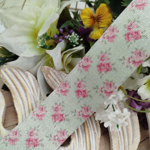 Fita Gorgurão Lurex 38mm No 09 -Estampa Mini Rosas Shabby Chic