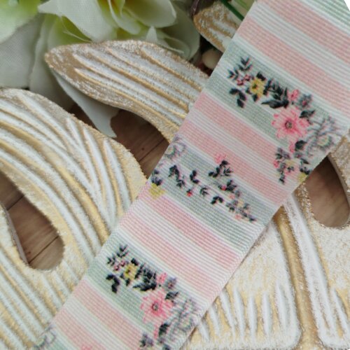Fita Gorgurão 38mm No 09 Estampa Listras Pastel com Flores Delicadas