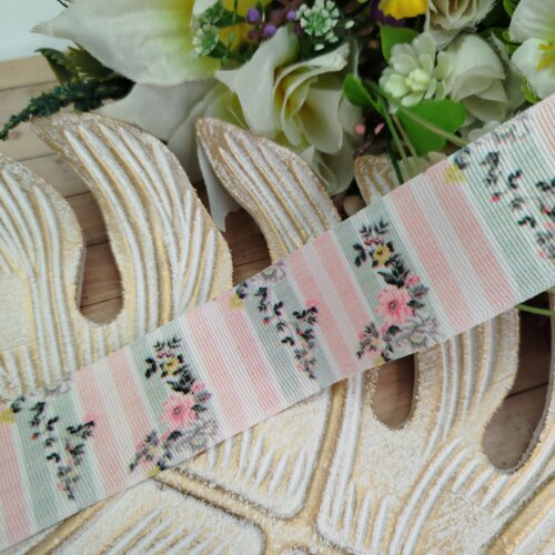 Fita Gorgurão 38mm No 09 Estampa Listras Pastel com Flores Delic