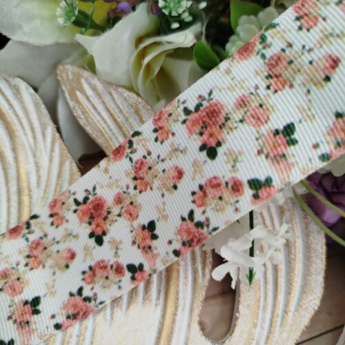 Fita Gorgurão 38mm No 09 Estampa Florzinhas Salmão e Coral - Cópia