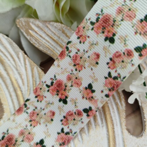 Fita Gorgurão 38mm No 09 Estampa Mini Buquês de Rosas Coral e S