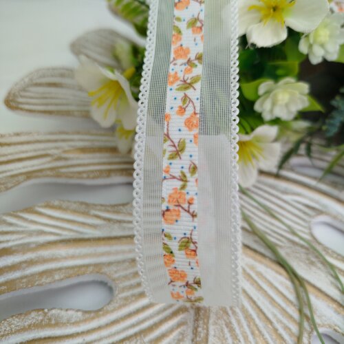 Fita Voil Branca Estampa Florzinhas Laranja  - 3 cm largura - ven