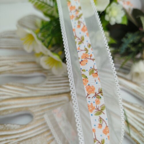 Fita Voil Branca Estampa Florzinhas Laranja  - 3 cm largura - venda a metro