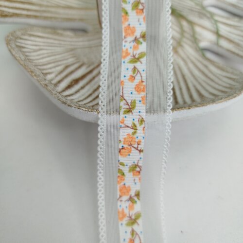 Fita Voil Branca Estampa Florzinhas Laranja  - 3 cm largura - ven