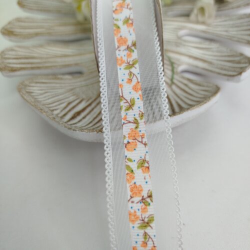Fita Voil Branca Estampa Florzinhas Laranja  - 3 cm largura - ven