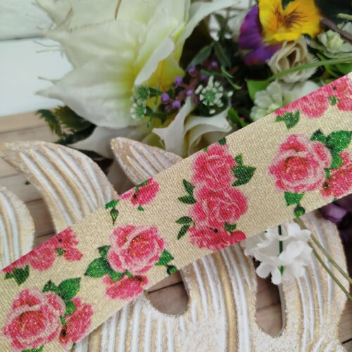Fita Lurex 38mm Estampa Rosas Pink em Fundo Champagne com Fios Do