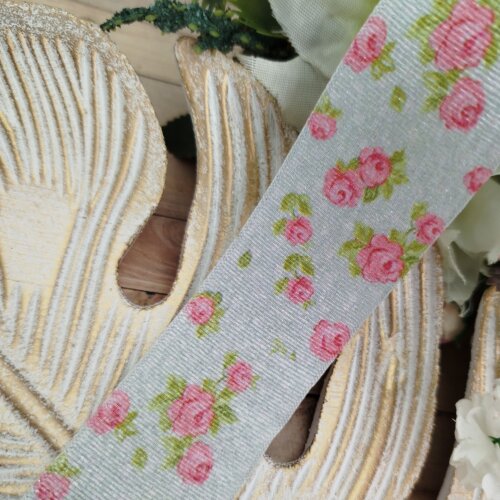 Fita Gorgurão Lurex 38mm No 09 -Estampa Mini Rosas Shabby Chic Tiffany