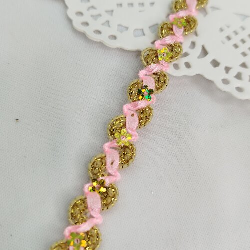 Passamanaria Galão Metalizado Dourado com Rosa | Venda por Metro