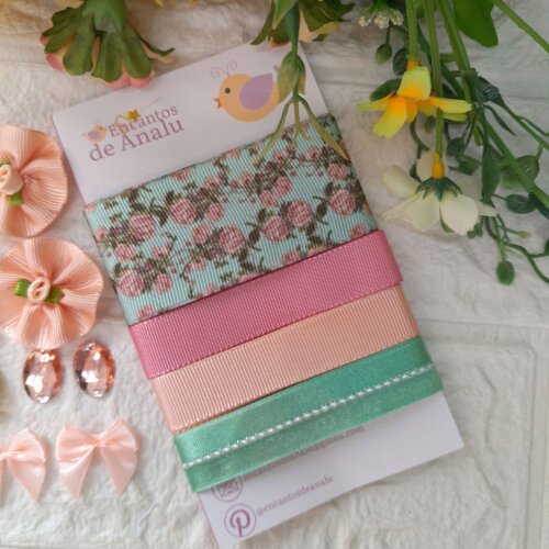 Kit de Fitas e Enfeites Coordenados Verde Coral e Rosa