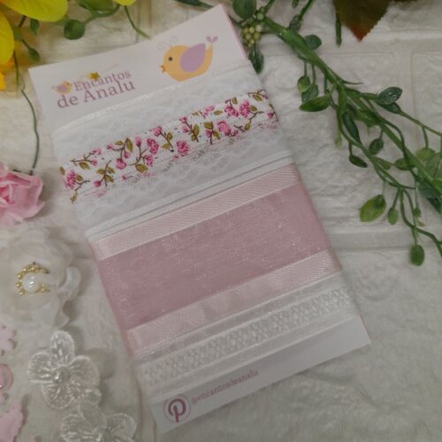 Kit de Fitas e Enfeites Coordenados Rosa Bebe e Branco para Artes