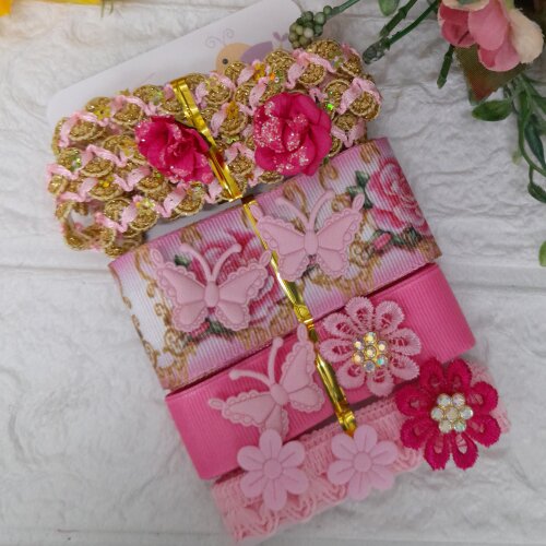 Kit de Fitas Aviamentos e Enfeites Coordenados  Rosa e Dourado