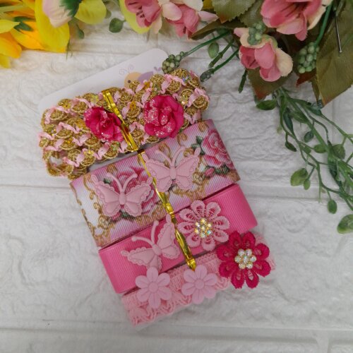 Kit de Fitas, Aviamentos e Enfeites Coordenados Tons de Rosa e Dourado para Artesanato