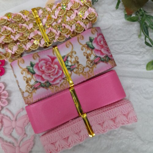 Kit de Fitas Aviamentos e Enfeites Coordenados  Rosa e Dourado