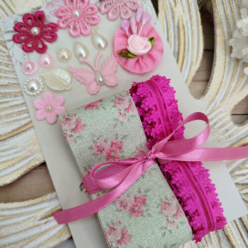 Kit de Fitas e Apliques Coordenados Tons Rosa e Verde