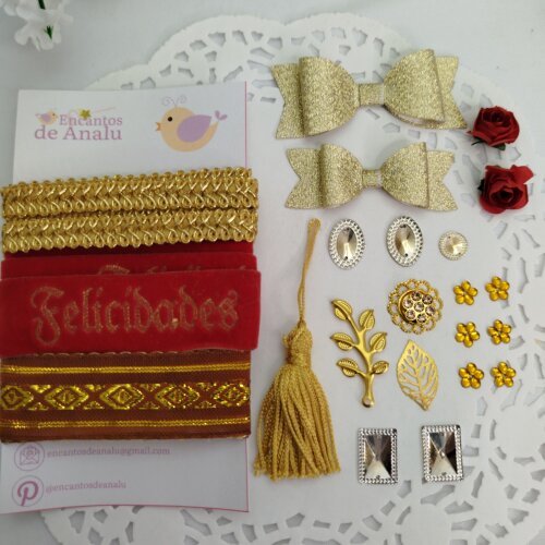 Kit de Fitas  e Enfeites Coordenados Tons Vermelho e Dourado