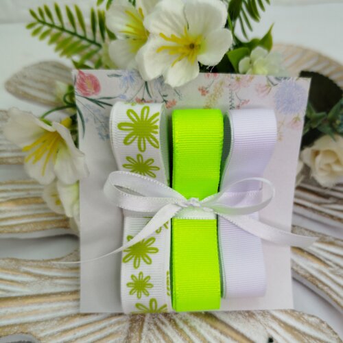 Kit de Fitas Gorgurão Floral Verde Limão e Branco — Estampa Margaridas