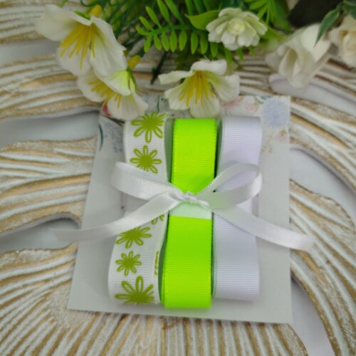 Kit de Fitas Gorgurão Floral Verde Limão e Branco — Estampa M