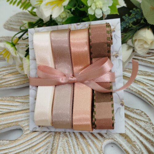 Kit de Fitas de Cetim Tons Coordenados: Marfim, Bege Escuro, Rose Gold e Listrada Chocolate
