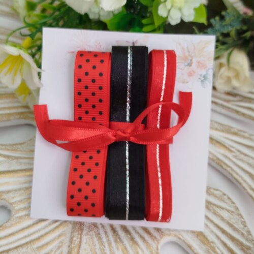 Kit de Fitas Vermelho, Preto e Prata — Poá Joaninha, Cetim com