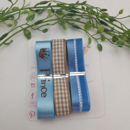 Kit de Fitas de Cetim Prince Azul, Bege e Xadrez Marrom