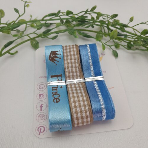 Kit de Fitas de Cetim Prince Azul, Bege e Xadrez Marrom