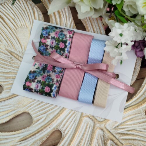 Kit de Fitas Gorgurão Floral Vintage - Rosa Antigo, Azul Bebê e Bege Claro