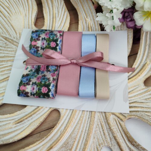 Kit de Fitas Gorgurão Floral Rosa Antigo, Azul Bebê e Bege