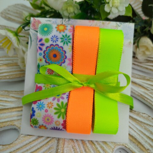 Kit de Fitas Floral Colorido Neon — Gorgurão Estampado, Laranja e Verde Neon