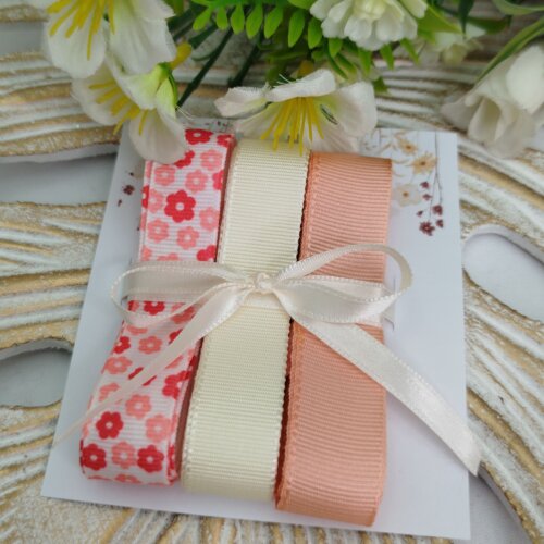 Kit de Fitas Gorgurão Florzinhas Coral, Marfim e Pêssego