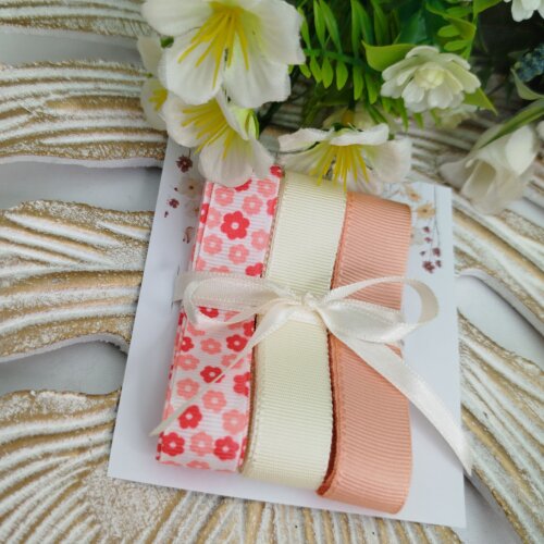 Kit de Fitas Gorgurão Florzinhas Coral, Marfim e Pêssego — Estampa Floral