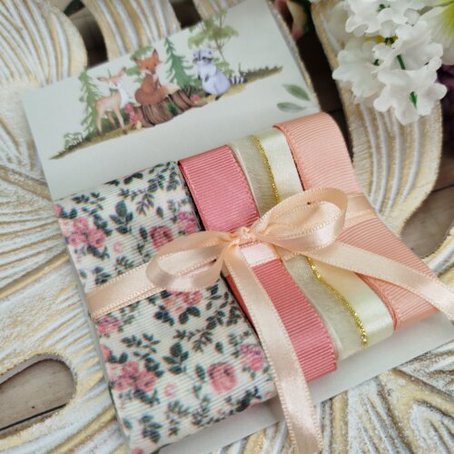Kit de Fitas Floral Miúdo — Gorgurão Estampado, Salmão, Coral e Voil com Cetim Marfim