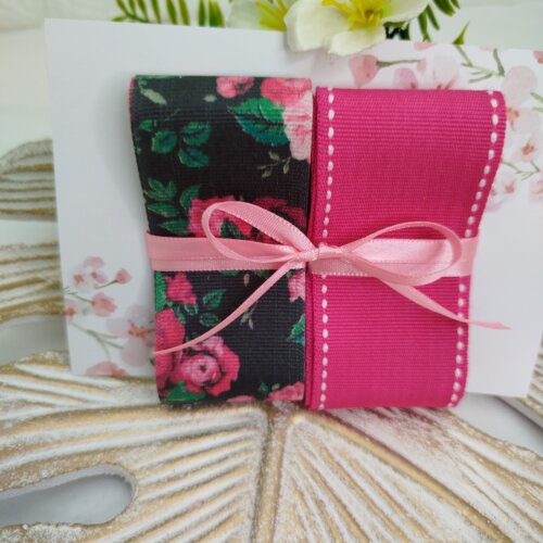 Kit de Fitas Floral Preto e Pink — Gorgurão Estampado e Liso