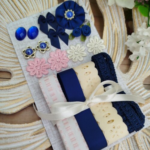 Kit de Aviamentos e Enfeites Coordenados Tons Rosa, Azul e Bege