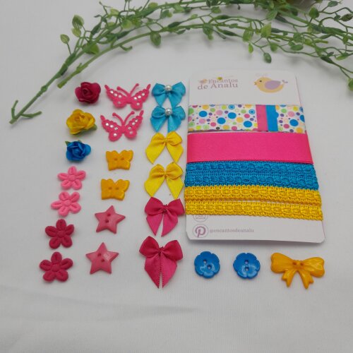 Kit de Fitas e Enfeites Coordenados Tons Rosa Azul e Amarelo