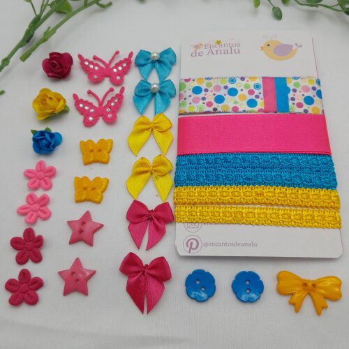 Kit de Aviamentos, Fitas  e Enfeites Coordenados Tons Rosa, Azul e Amarelo