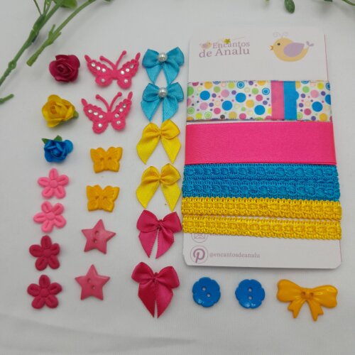 Kit de Fitas e Enfeites Coordenados Tons Rosa Azul e Amarelo