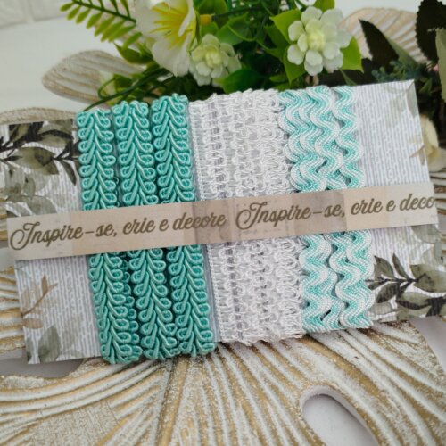 Kit de Aviamentos Coordenados para Artesanato Verde Agua e Branco
