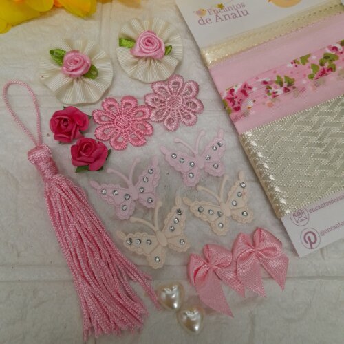 Kit de Fitas e Enfeites Coordenados Rosa e Bege Scrap e Artes