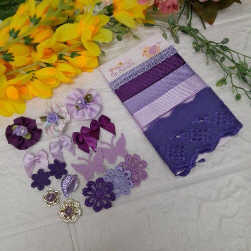 Kit de Fitas, Aviamentos e Enfeites Coordenados Tons Roxo e Lilas