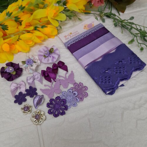 Kit de Fitas, Aviamentos e Enfeites Coordenados Tons Roxo e Lilas