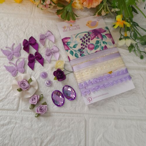Kit de Fitas e Enfeites Coordenados Lilas, Roxo e Bege | Artesanato Criativo, Costura e Scrap