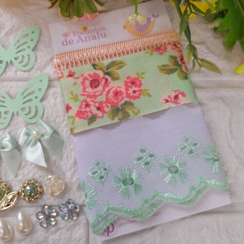 Kit de Fitas, Bordado e Enfeites Coordenados Tons Verde e Coral