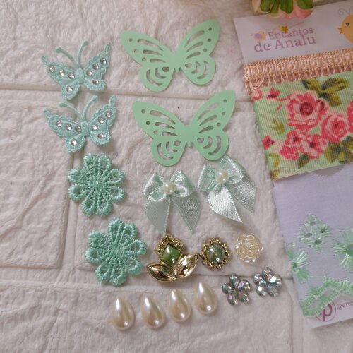 Kit de Fitas, Bordado e Enfeites Coordenados Tons Verde e Coral