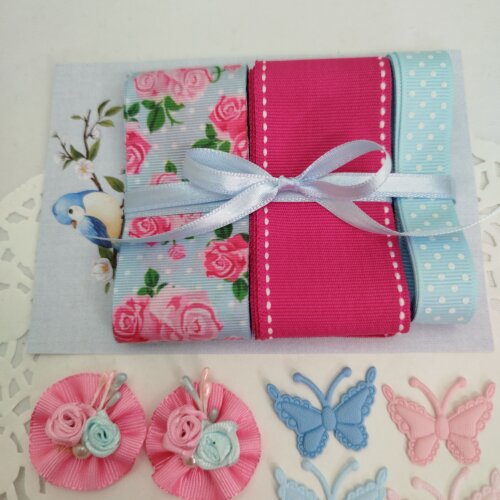 Kit de Fitas e Enfeites Coordenados Azul e Pink Scrapbook e Artes