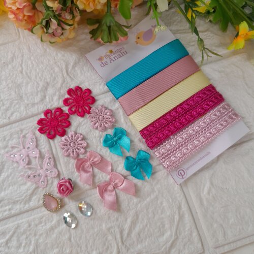 Kit de Fitas Aviamentos e Enfeites Coordenados Azul Rosa e Bege