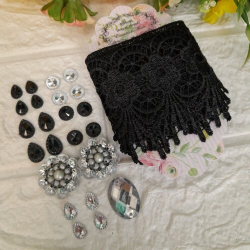 Kit de Renda Guipir Preta e Chatons Coordenados Prata para Artesanato,  Scrap e Customização